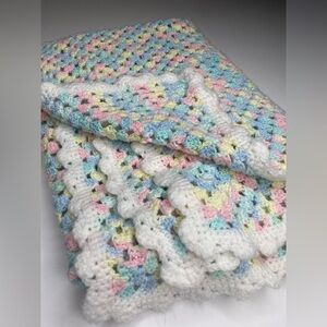 Crocheted Homemade Baby Blanket Pink, Yellow, Green, Blue and White 36x26